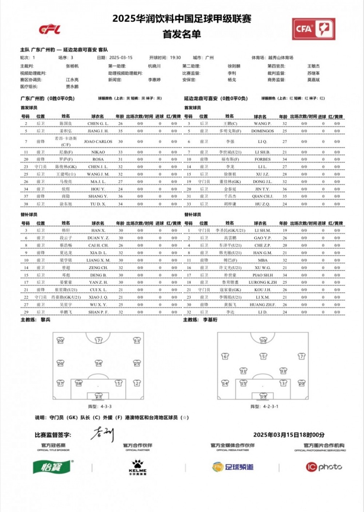 廣州豹vs延邊龍鼎首發(fā)：卡洛斯、羅薩、尼康三外援領(lǐng)銜廣州豹